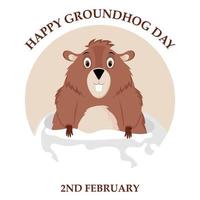 Happy Groundhog Day. Design of a funny and cute groundhog character for the design of banners, websites, fabric prints, stickers, icons. Vector cartoon style.