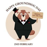 Happy Groundhog Day. Design of a funny and cute groundhog character for the design of banners, websites, fabric prints, stickers, icons. Vector cartoon style.