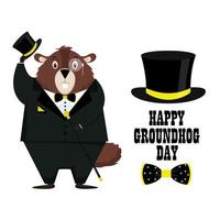 Happy Groundhog Day. Happy and elegant groundhog in tuxedo, top hat, bow tie. Isolated on a white background. Vector illustration.