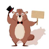 Happy Groundhog Day. Happy groundhog with a shadow in a top hat, bow tie, with a sign for the text in his hands, isolated on a white background. Vector illustration.