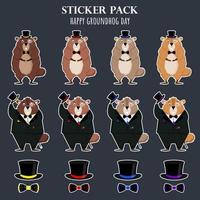 Happy Groundhog Day. A set of funny groundhog stickers of different colors. Vector illustration.