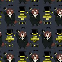 Happy Groundhog Day. Pattern of a groundhog in a tuxedo, top hat, bow tie, with a cane in his hand on a yellow background.Vector illustration. vector