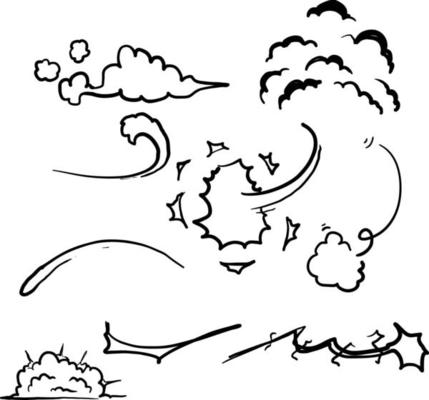 doodle Comic energy explosion. Cartoon flame smoke cloud, speed hit vfx effect and promo flash blast vector illustration set hand drawn style