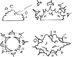 explosión de bomba de dibujos animados dibujados a mano. explosiones de dinamita, peligro de detonación de bombas explosivas y cómics de nubes de bombas atómicas. bomba dinamita detonadores estilo doodle vector