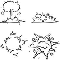 explosión de bomba de dibujos animados dibujados a mano. explosiones de dinamita, peligro de detonación de bombas explosivas y cómics de nubes de bombas atómicas. bomba dinamita detonadores estilo doodle vector