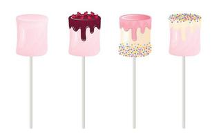 Collection of appetizing cute marshmallows on sticks in chocolate icing and sprinkles in flat style vector