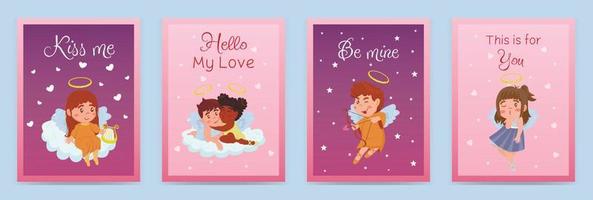 Collection of valentine's day greeting cards with children angels. Relationship, love, Valentine's day, romantic concept. Vector illustration for banner, poster, postcard, postcard.