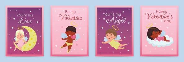 Collection of valentine's day greeting cards with children angels. Relationship, love, Valentine's day, romantic concept. Vector illustration for banner, poster, postcard, postcard.