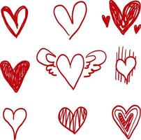 hand drawn Doodle hearts, hand drawn love heart collection. red color vector