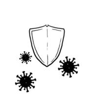 concepto de protección antivirus dibujado a mano con escudo y células de virus sobre fondo blanco. antibióticos, vacunación. Ilustración de vector de diseño de estructura metálica moderna.doodle