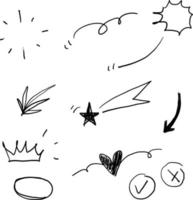 collection of elements, black on white background. Arrow, heart, love, star, leaf, sun, light, flower, daisy, crown, king, queen,Swishes, swoops, emphasis ,swirl, heart, doodle vector