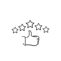 icono de revisión del cliente dibujado a mano, calificación de calidad, comentarios, símbolo de línea de cinco estrellas en el doodle de fondo blanco vector