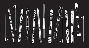 Ski set with pattern. different Ski design. type of ski. Black and white poster minimalistic. Winter sport. vector