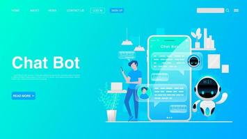 Man Chatting With Chat Bot On Smartphone. Chat Bot Technology and Online Help Center Concept. Vector EPS 10