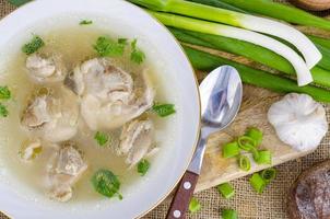 Broth with chicken meat Isolated on White background photo