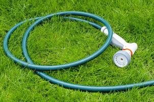 Green hose for watering lies on grass, lawn photo