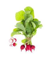 Fresh red radish with green leaves isolated on white background. photo