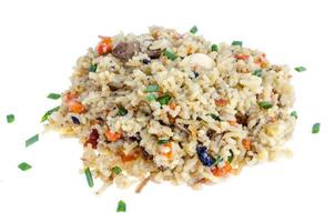 Rice with vegetables, meat on white background. photo