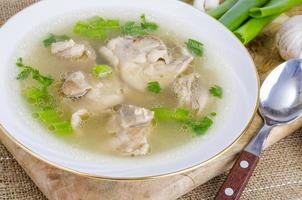 caldo con carne de pollo aislado sobre fondo blanco foto