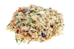 Rice with vegetables, meat on white background. photo