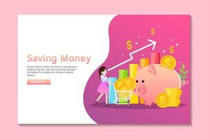 página de inicio de ahorro de dinero con mujer y una alcancía rosa vector