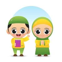 two cute muslim child wear muslim outfit illustration vector