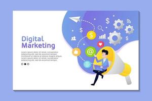 Digital marketing landing page with man sitting one the megaphone with icon vector
