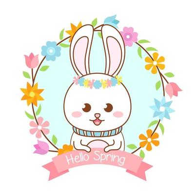 Spring badge with floral frame and a cute rabbit vector