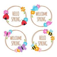 Spring badge with floral frame and bugs and bird vector