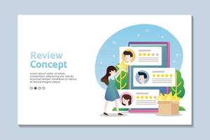 Review concept landing page with woman bring a star, mobile phone vector