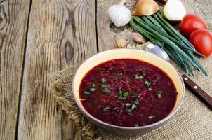 Sopa de verduras con remolacha roja. foto