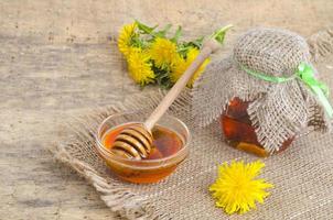 Transparent sweet flower honey from spring dandelions. photo