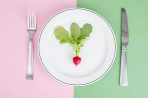 rábano rojo en un plato. concepto de comida vegetariana, diseño, menú. foto