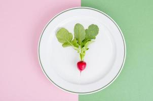 rábano rojo en un plato. concepto de comida vegetariana, diseño, menú. foto