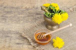 Transparent sweet flower honey from spring dandelions. photo