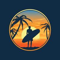 surf y puesta de sol en la ilustración de la playa vector