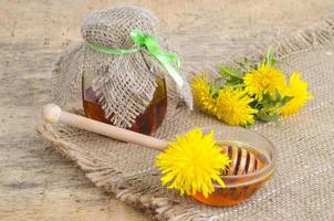 Transparent sweet flower honey from spring dandelions. photo