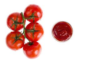 Ripe red tomatoes, ketchup, oil, salt. Photo