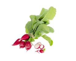 Fresh red radish with green leaves isolated on white background. photo