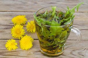 taza de té de hojas frescas de diente de león. foto