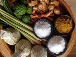 The herbal compress ball and ingredients for a spa treatment. photo