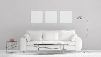 Square poster mockup with Three  frames on empty white wall in living room interior, Living room, 3D Rendering photo