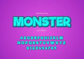 Monster style text effect, playful mobile game font alphabet and number vector