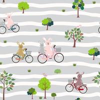 lindos conejos de dibujos animados con bicicleta feliz en el jardín de primavera, patrón sin costuras en el fondo ondulado para decoración, productos para niños, tela, textil y todo impreso vector