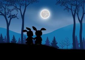 tarjeta de felicitación de pascua con lindos conejos en la noche del bosque, fondo de silueta para las vacaciones festivas de primavera