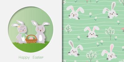 Set of Easter greeting card with cute rabbits and seamless pattern on wavy background vector