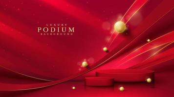 Red product display podium with golden curve line and 3d ball elements with bokeh decoration and glitter light effect.