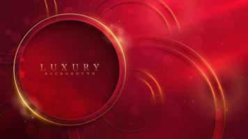 Red luxury background and golden circle frame with glitter light effect decoration and bokeh. vector