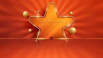 Stage for product display and gold star frame decoration with glitter light effects with bokeh and 3d ball elements. Orange luxury style background. vector