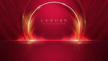 Stage for display products and golden curve line elements with glitter light effect decoration and flame with bokeh. Red luxury style background. vector